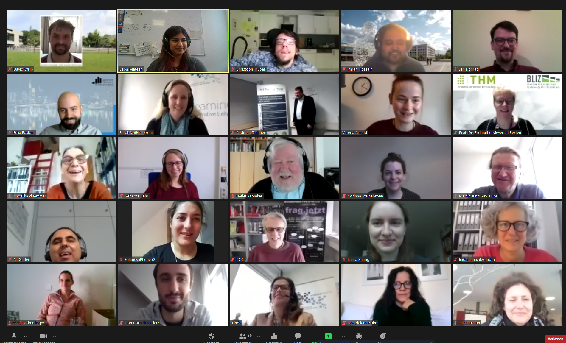Videokonferenz-Bildschirmaufnahme einiger Teilnehmer*innen (hier sind 25 zu sehen) des digitalen Vernetzungstreffens.