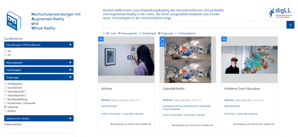 Webauftritt "Hochschulanwendungen mit Augmented Reality und Virtual Reality"