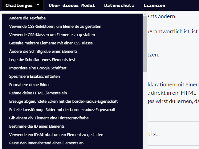 Das Navigator Menü enthält Challenges wie das Ändern der Textfarbe und die Formatierung von Bildern.