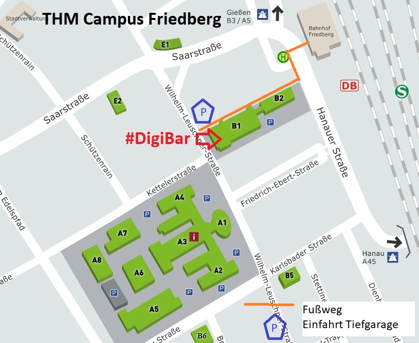 Straßenkarte und Gebäude der THM. Die Tagung findet im Gebäude B1 statt. Über die Hanauer Straße kommt man an dem Gebäude B2 zu B1.