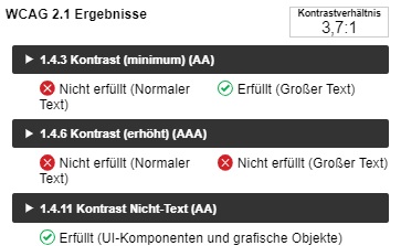 Der Screenshot des Tools CCA zeigt an, dass der ausgewählte Kontrast die minimalen Anforderungen bei großem Text erfüllt, wohingegen er für normalen Text sowie den erhöhten Anforderungen nicht entspricht. Darunter ist das Ergebnis abzulesen, dass für nicht-textliche Inhalte wie Grafiken der minimale Kontrast ausreichend gegeben ist.