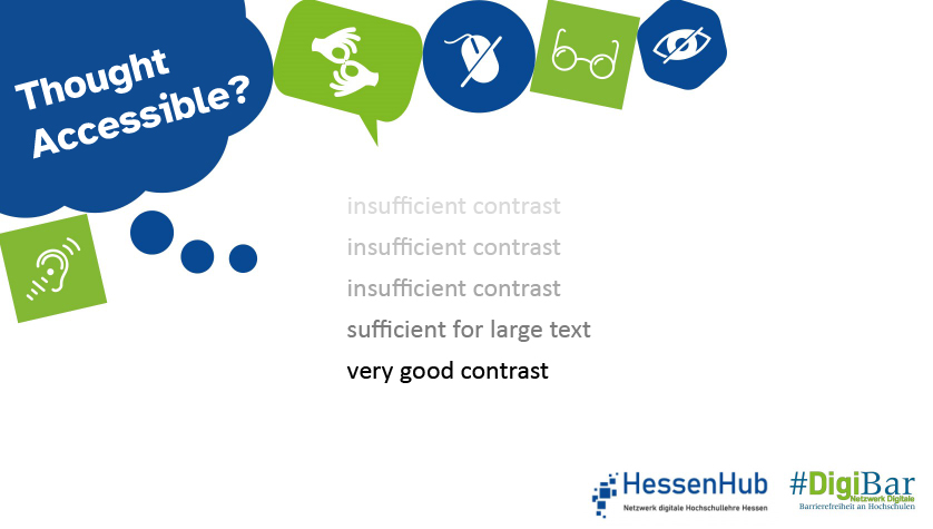 This topic is about the contrast of text. There are 5 different graduation of gray with a white background, that go straight with more darkness from light gray to black. In the 3 most lightest hues it says "insufficient contrast", in dark grey it says "sufficient for large text" and in black it says "very good contrast".