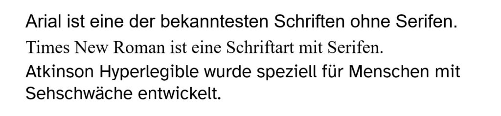 Die folgenden Sätze werden in den entsprechend im Satz erwähnten Schriftarten dargestellt: Arial ist eine der bekanntesten Schriften ohne Serifen. Times New Roman ist eine Schriftart mit Serifen. Atkinson Hyperlegible wurde speziell für Menschen mit Sehschwäche entwickelt.