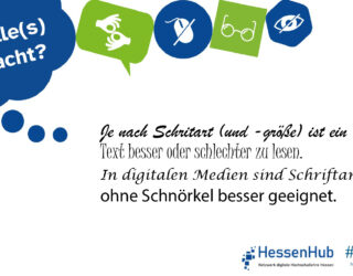 Der folgende Text ist in unterschiedlichen Schriftarten geschrieben (ähnlich zu Schreibschrift, verschnörkelt, kursiv mit Serifen, klar und ohne Serifen): Je nach Schriftart und -größe ist ein Text besser oder schlechter zu lesen. In digitalen Medien sind Schriftarten ohne Schnörkel besser geeignet.