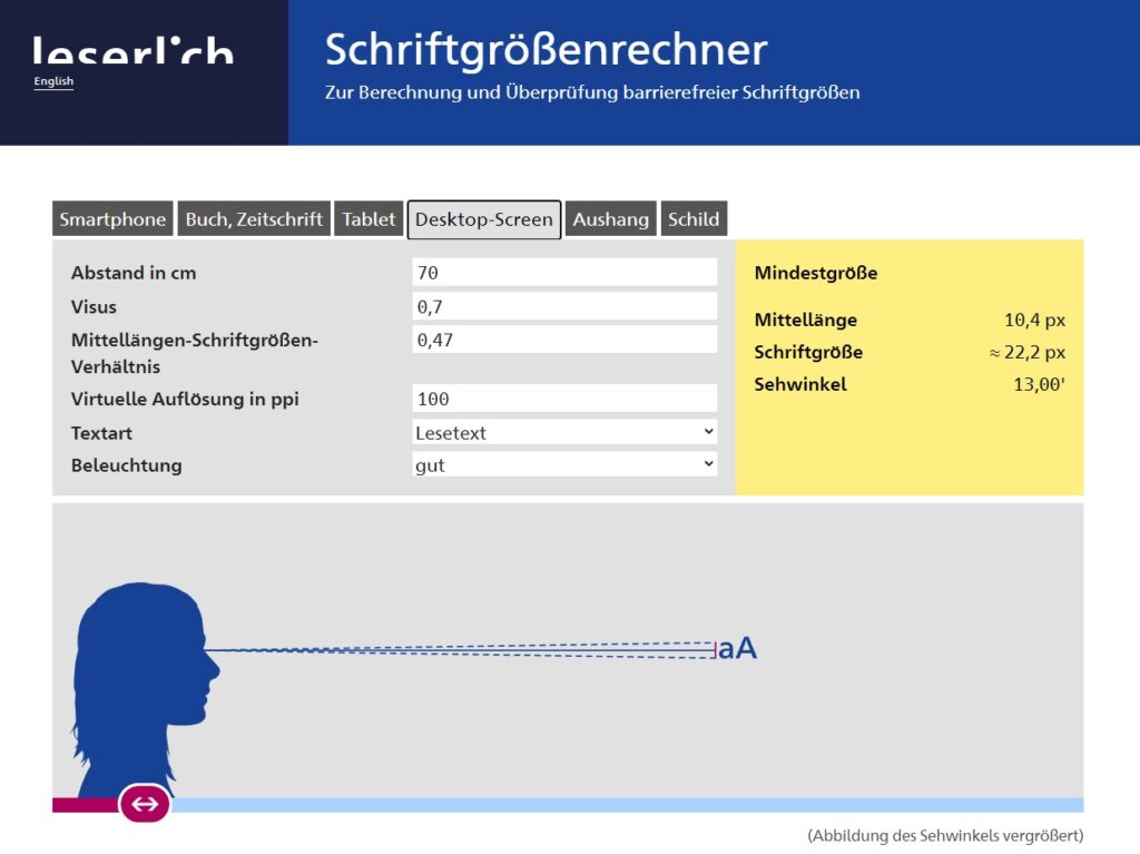 Screenshot des Schriftgrößenrechners von leserlich - zur Berechnung und Überprüfung barrierefreier Schriftgrößen. Zur Auswahl stehen die Medienformate: Smartphone, Buch/Zeitschrift, Tablet, Desktop-Screen, Aushang, Schild.