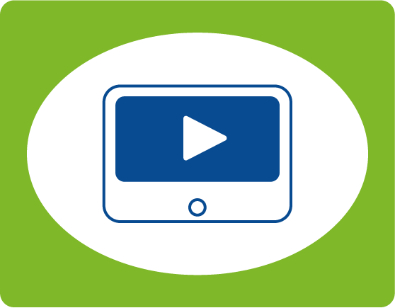 Icon of a tablet with blue background and white play button. 