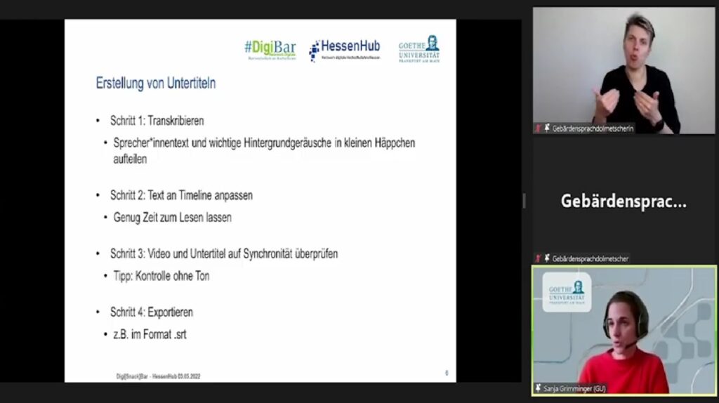 Screenshot einer Videokonferenz. Zu sehen sind Vortragsfolien, die Vortragende und eine Gebärdendolmetscherin. 