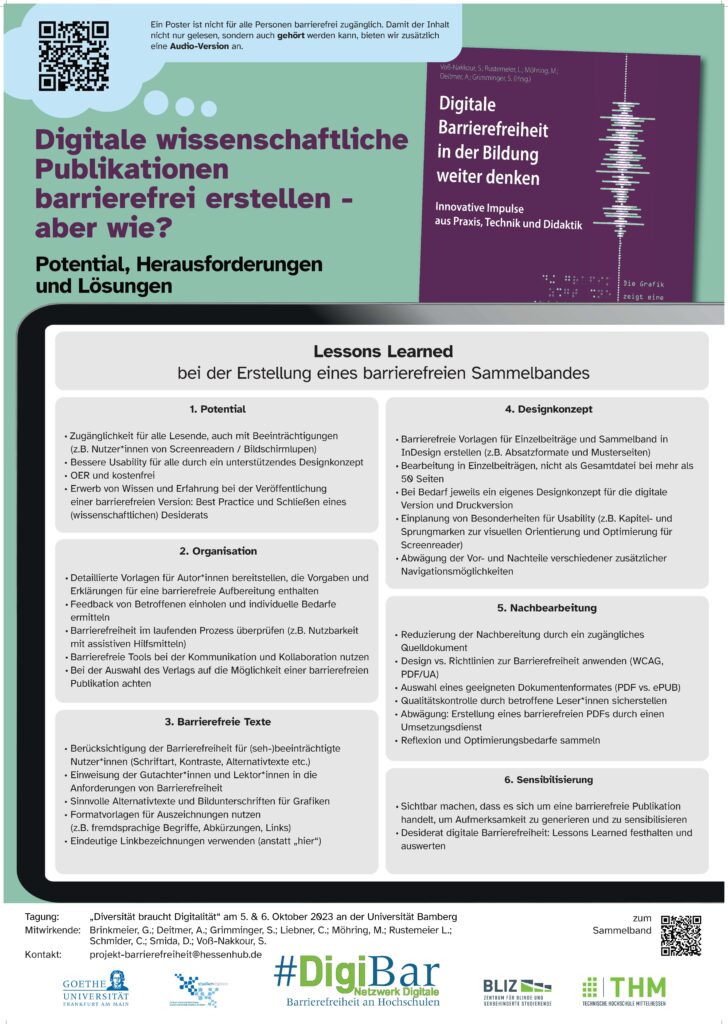 "Poster_Sammelband-LessonsLearned": Poster mit dem Titel "Digitale wissenschaftliche Publikationen barrierefrei erstellen - aber wie?". Über dem Titel ist ein QR-Code eingebettet, über den man zu einer Audioversion des Posters gelangt. Mittig ist ein Tablet dargestellt, auf dem die "Lessons Learned" aufgezeigt sind.