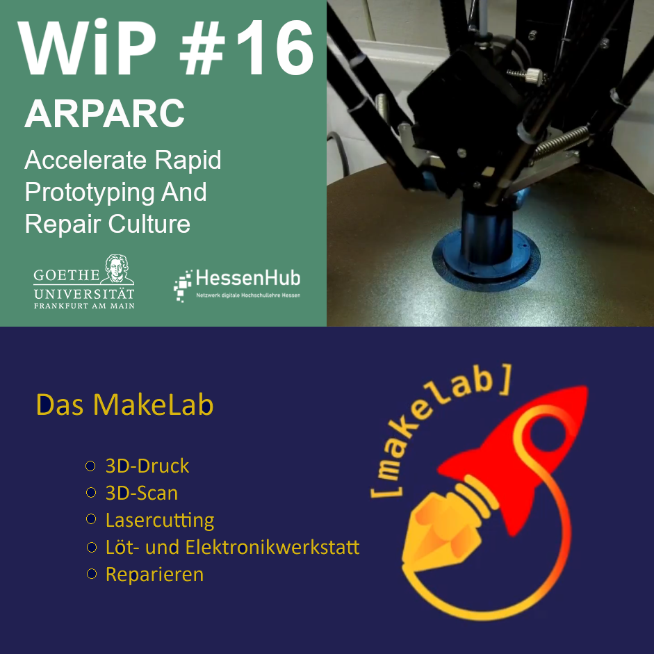 Eine Illustration zeigt einen Kasten mit drei Ebenen. Der Text WiP16 ARPARC mit dem Titel Accelerate Rapid Prototyping And Repair Culture. Oben rechts ist eine Maschine mit drei Armen abgebildet. Unten ist die Überschrift MakeLab mit Text: 3D-Druck, 3D-Scan, Lasercutting, Löt- und Elektronikwerkstatt und Reparieren. Es wird eine Rakete abgebildet mit den Wort makelab.