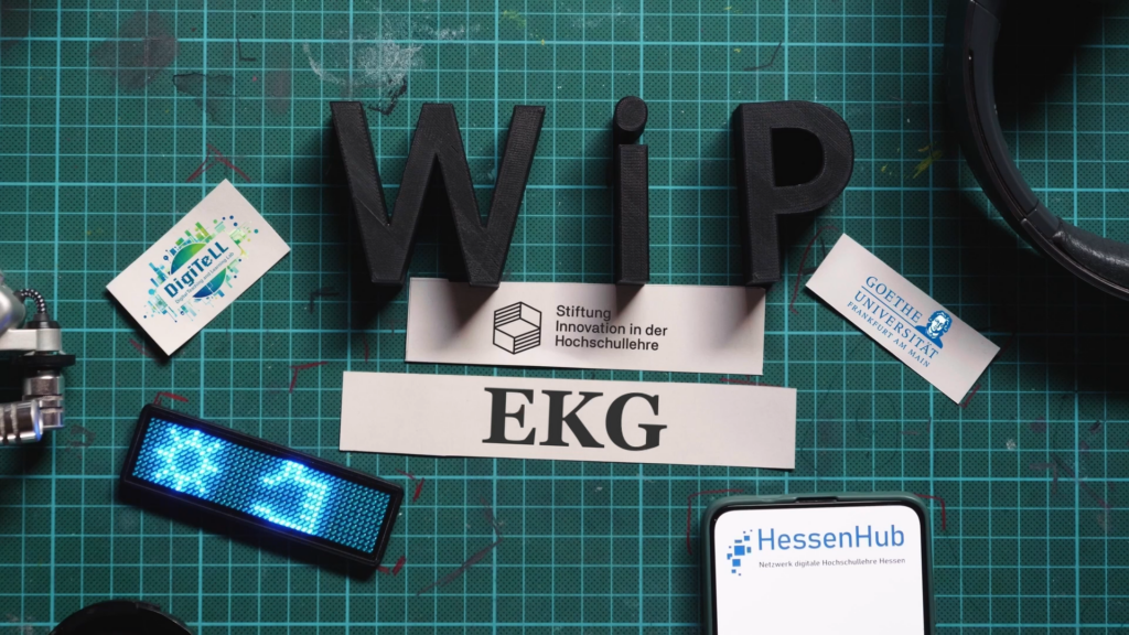WiP Cover EKG, DigiTeLL Logo, Stiftung Innovation in der Hochschullehre Logo, Goehte Universtiäts Logo und HessenHub Logo