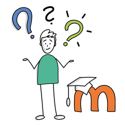 Grafik einer Person mit zwei Fragezeichen über dem Kopf, neben dem Moodle-Logo mit Doktorhut .