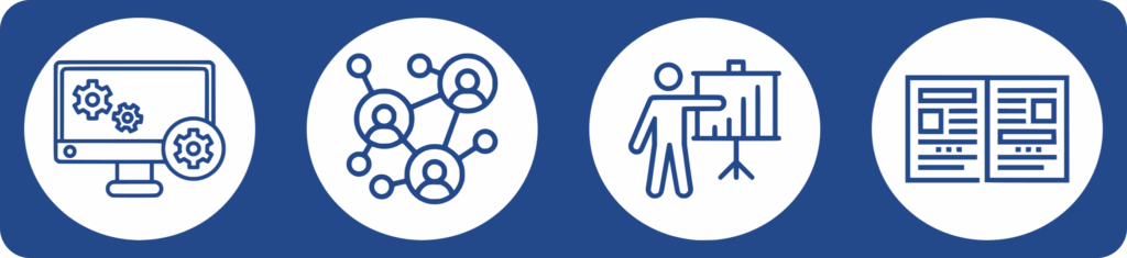 Alternativtext: Icon 1: Bildschirm mit Zahnrädern, Icon 2: Vernetzte Personen, Icon 3: Person vor Präsentation, Icon 4: Zeitschrift