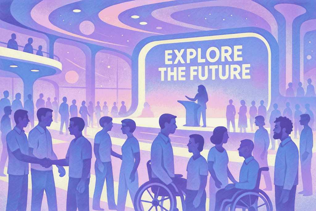In einer futuristischen Halle in Violett- und Blautönen steht „EXPLORE THE FUTURE“ auf einer großen Leinwand. Menschen, darunter auch Personen im Rollstuhl, begegnen sich und sprechen miteinander. Durch die riesigen Fenster sind Sterne und Planeten sichtbar.