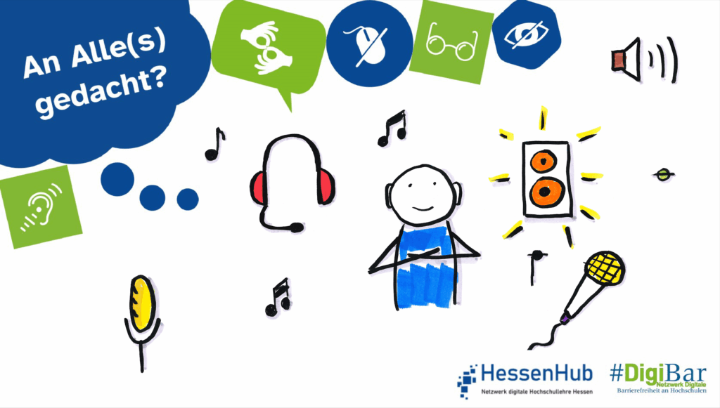Zu sehen sind verschiedene Symbole aus dem Audiobereich. Darunter befinden sich ein Mikrofon, ein Lautsprecher, ein Headset, verschiedene Musiknoten und eine zuhörende Person.