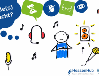 Zu sehen sind verschiedene Symbole aus dem Audiobereich. Darunter befinden sich ein Mikrofon, ein Lautsprecher, ein Headset, verschiedene Musiknoten und eine zuhörende Person.
